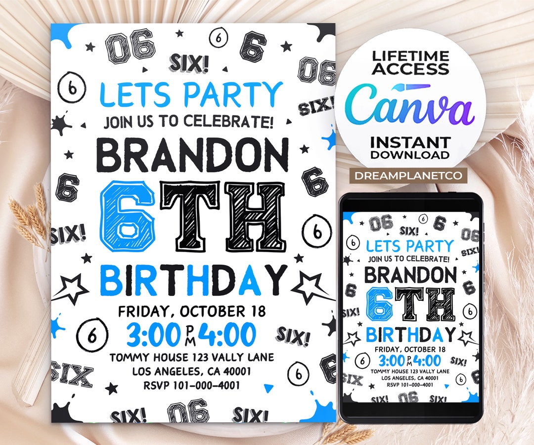 Editable 6th Boy Birthday Invitation, 6th Boy Number Invitation, 5x7 ...