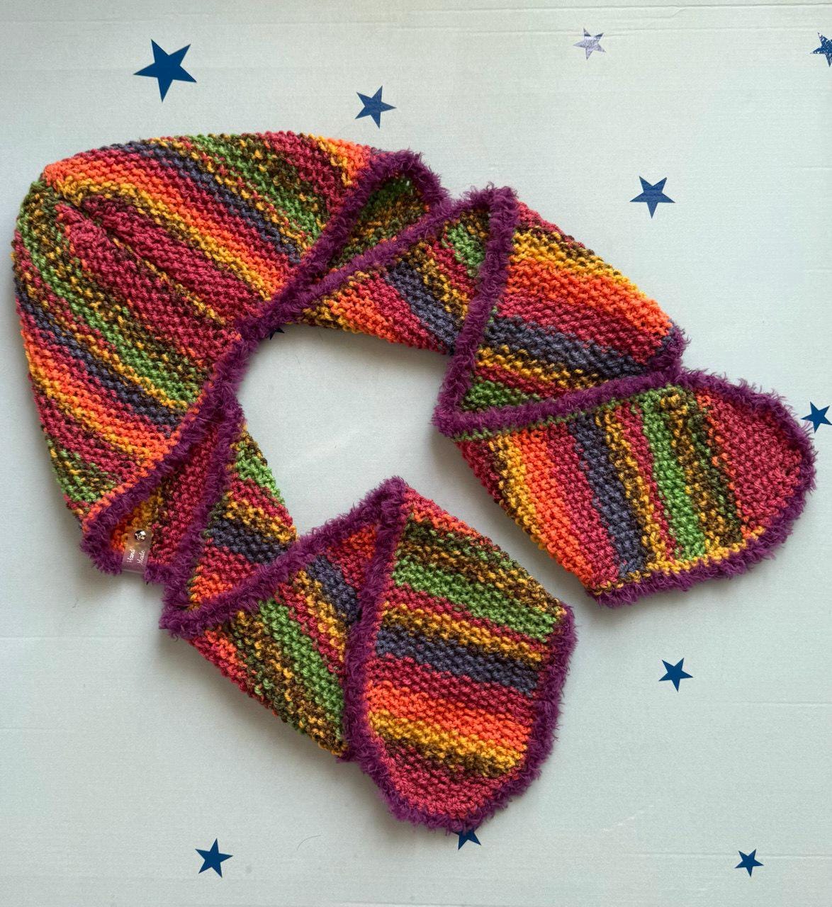 Knitted Colorful Hooded Scarf Balaclava, Wool Blend Rainbow Winter Bonnet with Purple Trim