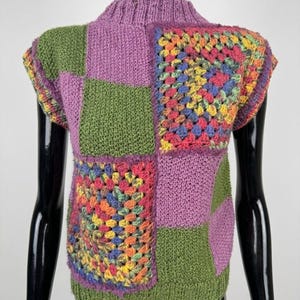 Patchwork Granny Square Vest: Fur Trimmed Plaid Sleeveless Sweater