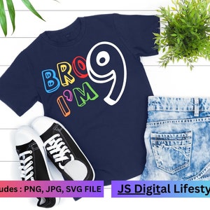 Bro I&#39;m 9 Svg, 9 Years Old 9th Birthday SVG, PNG, JPG [ Digital download Birthday Anniversary Niches] Birthday Design, Funny Birthday Svg.