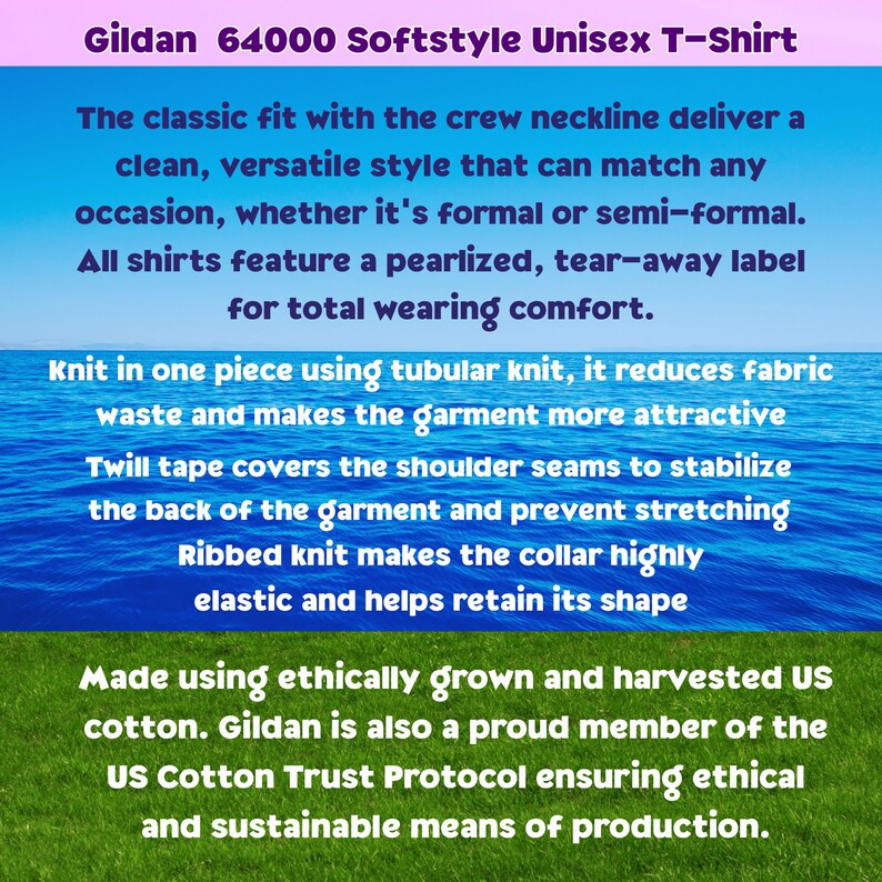 Op de afbeelding: Een informatieve afbeelding over het Gildan 64000 Softstyle unisex t-shirt. De tekst vermeldt de ronde hals, het afscheurbare label, de buisvormige breiconstructie, de schoudernaden met keperband en het gebruik van ethisch geteeld Amerikaans katoen.