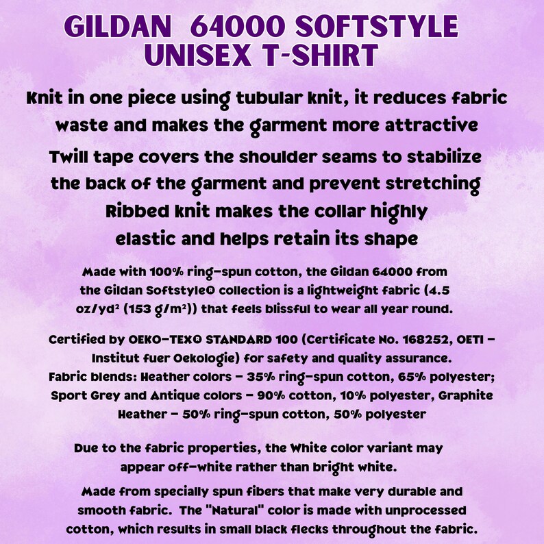 Op de afbeelding: Een informatieve afbeelding voor het Gildan 64000 Softstyle unisex t-shirt. De tekst beschrijft kenmerken zoals de buisvormige breiconstructie, versterkte schoudernaden, een geribbelde kraag en 153 g/m2 katoenen stof.