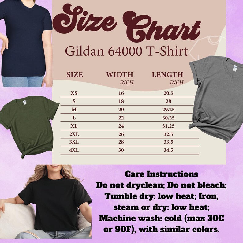 Op de afbeelding: Een maattabel voor het Gildan 64000 T-shirt met breedte- en lengtematen in inches voor de maten XS tot 4XL. De afbeelding bevat voorbeelden van marineblauwe, olijfgroene en grijze T-shirts, samen met was- en drooginstructies.