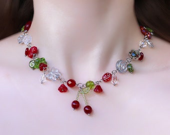 Cute floral cherry necklace | with butterflies, flowers, hearts, stars
