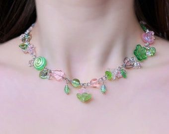 Fairy Pond Necklace and Lotus Earrings set | with flowers, stars, leaves, snails