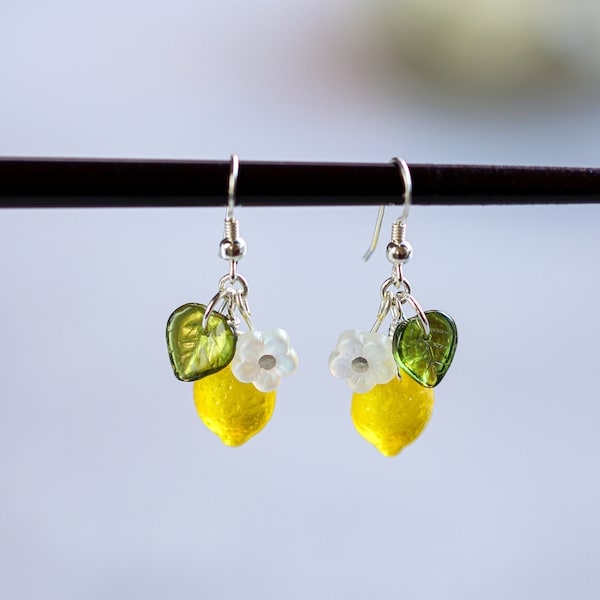 Lemon Garden Earrings | Czech glass beads | with leaves, flowers