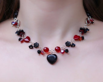 Red & Black Heart Necklace | Czech glass beads | Black gemstone charm, flowers, hearts