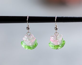 Pendientes de flor de loto / Cuentas de vidrio checas, plata de ley 925 / Conjunto de collar y pulsera de estanque de hadas