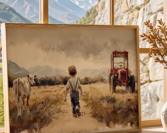 Farm Nursery Art: Boy with Tractor & Cow, Countryside Print (Digital Download)