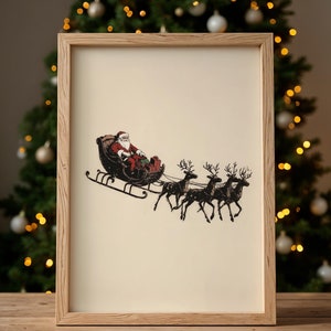 Santa Sleigh Reindeer Vintage Christmas Wall Art – Flying Santa Print, Decoração de Natal Minimalista – Neutral Xmas Digital Download Poster