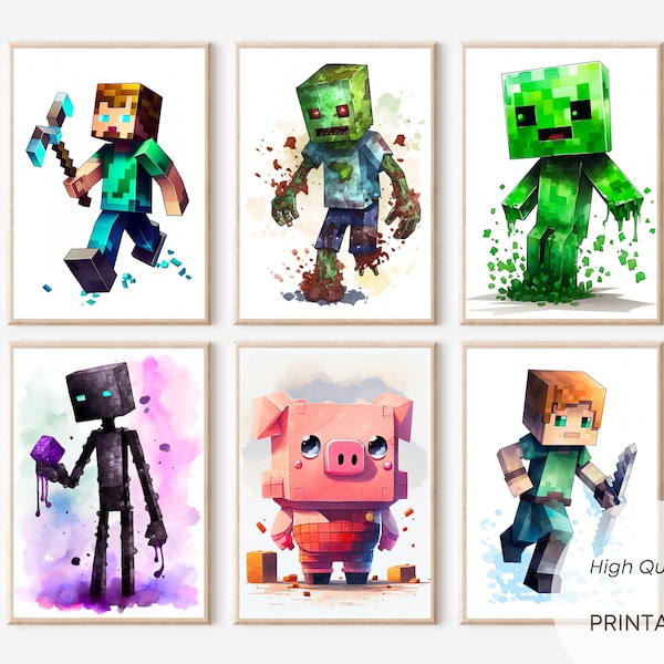 Anime Poster Set Minecraft Wall Art, Nursery Decor, Creeper, Enderman, Zombie Steve, Printable Poster, Prints, Digital Poster, Clipart