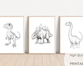 Dinosaur Nursery Prints: Black and White Dino Art, Set of 3 (Digital Download)