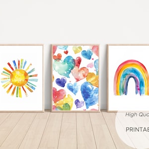 Watercolor Rainbow Sun Hearts Nursery Art Prints - Set of 3 (Digital Download)