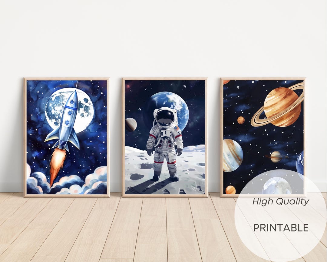Astronaut Planet Rocket Printable Wall Art Space Theme Watercolor ...