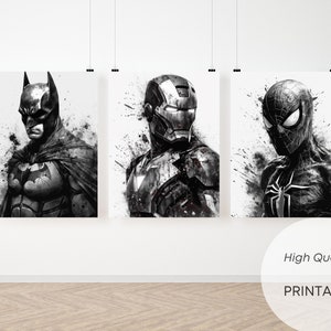 9 Watercolor Superheroes Black and White, Watercolor Illustration, Superheroes Gift, Digital Download, Digital Print, Superhero Print