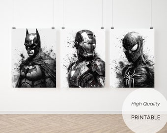 9 super-héros aquarelles noir et blanc, illustration aquarelle, cadeau super-héros, téléchargement numérique, impression numérique, impression super-héros