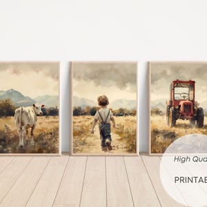Farmhouse Boys Room Wall Art Set of 3 Little Boy with Tractor and Cow Farm Nursery Printable Decor Countryside Kids Digital Download