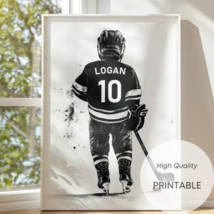 Estampas personalizadas de hóquei, estampa personalizada de camisa de hóquei, arte de parede esportiva em preto e branco, decoração de quarto de meninos, presente de hóquei para ele