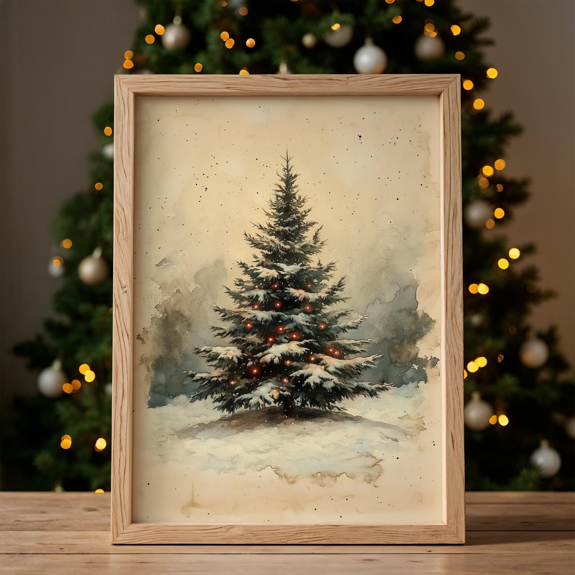 Vintage Christmas Tree Art Print: Rustic Holiday Wall Decor