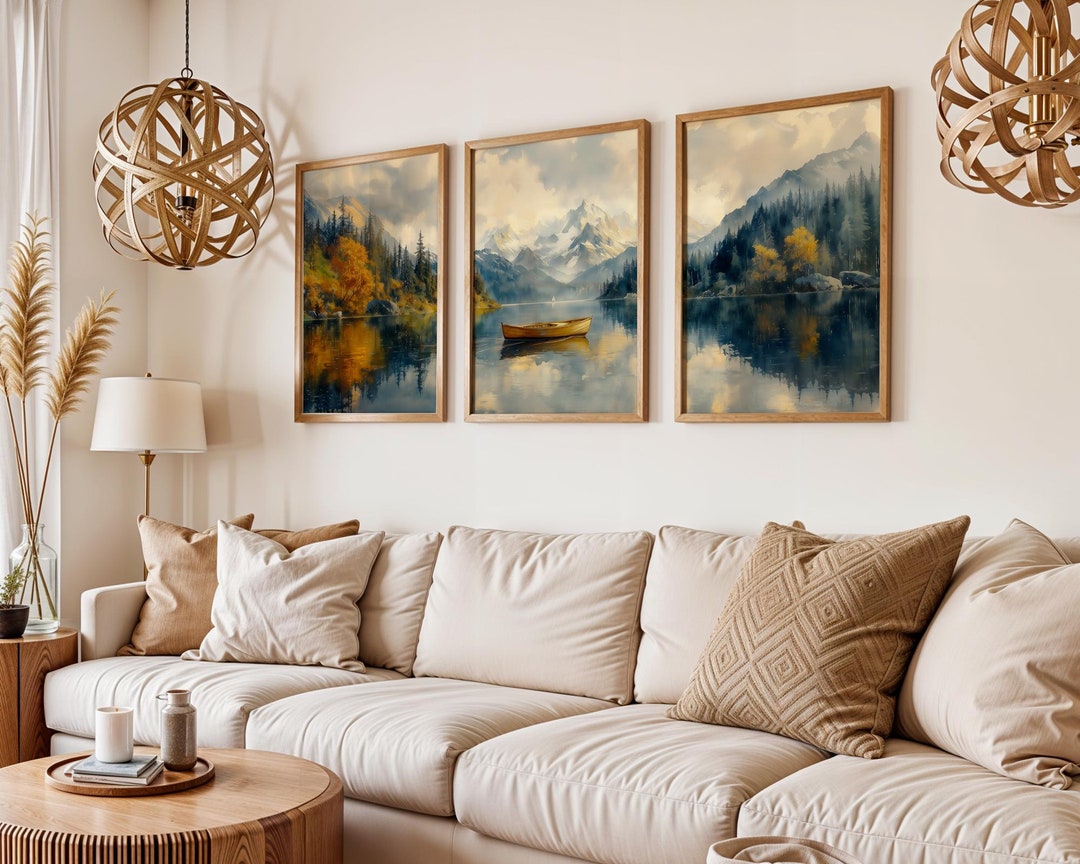 Set of 3 Mountain Lake Forest Wall Art With Boat Neutral Watercolor
