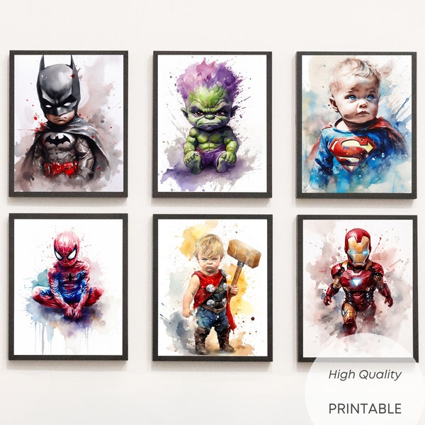 6 poster ad acquerello di supereroi, file di stampa, alta qualità, stampe di supereroi, arte della parete, camera dei bambini, decorazione della parete, poster carino, download istantaneo
