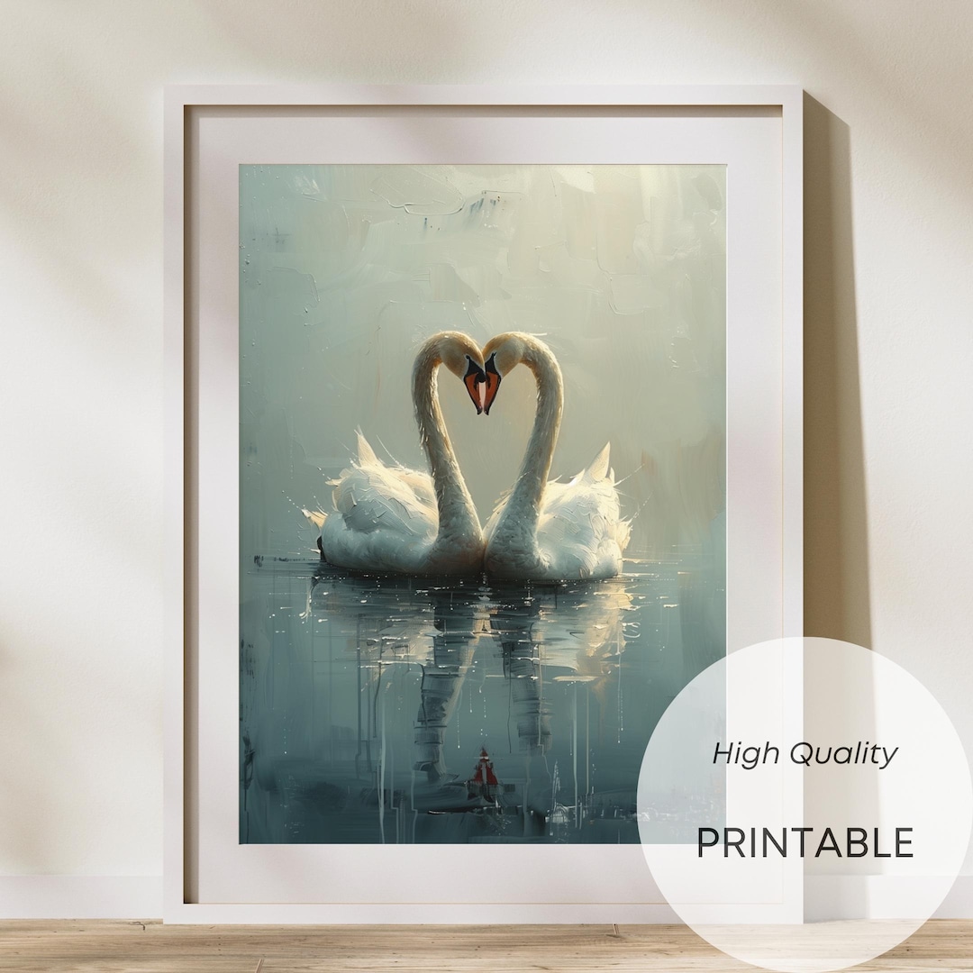 Elegant Swan Art Print Two Swans Forming Heart on Lake Vintage Pastel ...