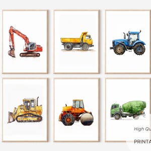 Aquarel bouw vrachtwagen print set van 6 bouw kinderkamer decor jongenskamer muur kunst tractor bulldozer voertuig posters digitale download
