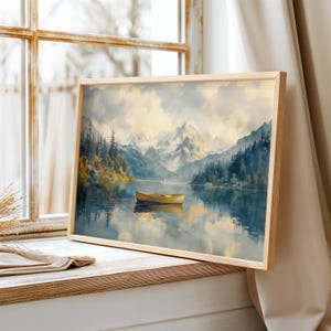 Póster de acuarela neutra con paisaje nevado y barco, arte de pared con lago de montaña y bosque, paisaje natural, decoración rústica para el hogar para la sala de estar