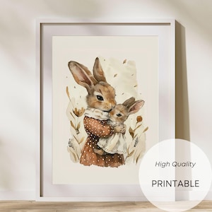 Vintage Rabbit Nursery Print Mom Holding Baby Bunny Cute Animal Wall Art Printable Nursery Decor Girls Room Illustration Digital Download