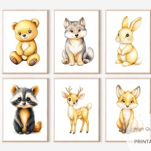 Woodland Animal Prints Set of 6 Forest Nursery Decor Watercolor Bear Fox Deer Rabbit Raccoon Wolf Printable Wall Art Digital Download