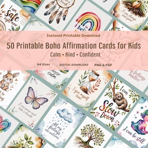 50 positieve affirmatiekaarten, Boho Kids bevestigingskaarten afdrukbaar, 50 positieve mindfulnesskaarten voor kinderen, aquarel kalme citaten