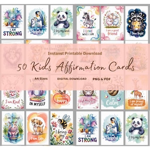 50 Kids Affirmation Cards Printable – Positive Affirmation Cards,Cute Watercolor Animal Cards for Kids, Self-Esteem Positive Quote Digital