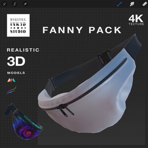 May include: A light blue fanny pack with a black zipper and strap. The pack is made of a smooth, shiny material. The text "FANNY PACK" is written in white letters on a black background.