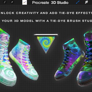 May include: A digital illustration of a pair of high-top sneakers with a tie-dye pattern. The sneakers are in a 3D design and are floating in the air. The text "UNLOCK CREATIVITY AND ADD TIE-DYE EFFECTS TO YOUR 3D MODEL WITH A TIE-DYE BRUSH STUDIO" is displayed above the sneakers.