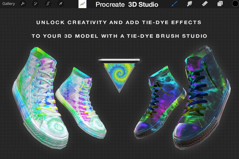 May include: A digital illustration of a pair of high-top sneakers with a tie-dye pattern. The sneakers are in a 3D design and are floating in the air. The text "UNLOCK CREATIVITY AND ADD TIE-DYE EFFECTS TO YOUR 3D MODEL WITH A TIE-DYE BRUSH STUDIO" is displayed above the sneakers.