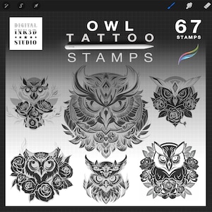 Procreate Owl Stamps, Owl tattoo stamps, Procreate stamps