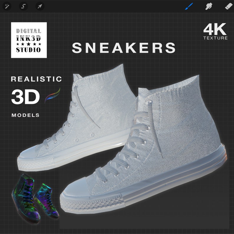 May include: A pair of white high-top sneakers with a textured fabric upper. The sneakers are shown in a 3D model with a 4K texture. The text "SNEAKERS" is displayed above the sneakers.