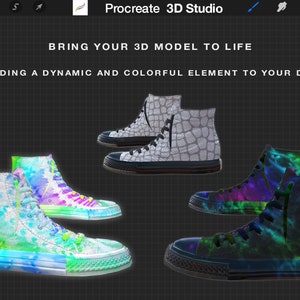 May include: Three pairs of high-top sneakers with different designs. The first pair is white with a gray crocodile pattern. The second pair is white with a green, blue, and purple tie-dye pattern. The third pair is black with a green, blue, and purple tie-dye pattern.