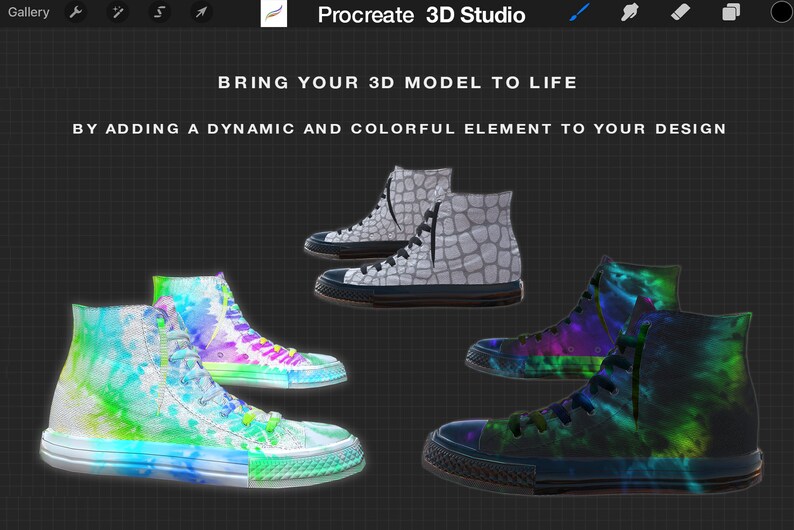 May include: Three pairs of high-top sneakers with different designs. The first pair is white with a gray crocodile pattern. The second pair is white with a green, blue, and purple tie-dye pattern. The third pair is black with a green, blue, and purple tie-dye pattern.