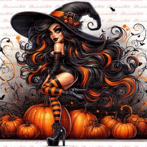 5 numérique belle femme sorcière d'Halloween, art numérique, clipart, sac cadeau, cartes de voeux, Halloween, oth, idées de sacs cadeau Halloween, fête