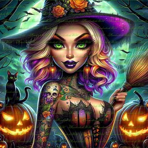 5 cliparts numériques belle femme sorcière néon, art numérique, clipart, art abstrait, sac cadeau, photographies, cartes de voeux, Halloween, gothique