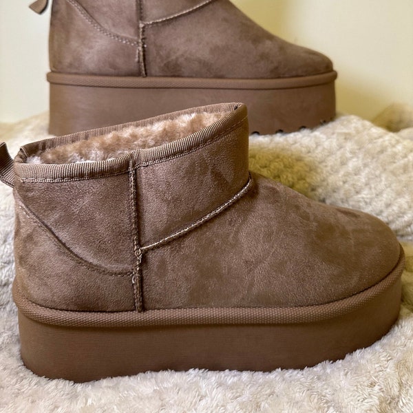 Bella Platform Mini Ankle Faux Fur Boots - Brown/Khaki (Recommend to Size Up!)