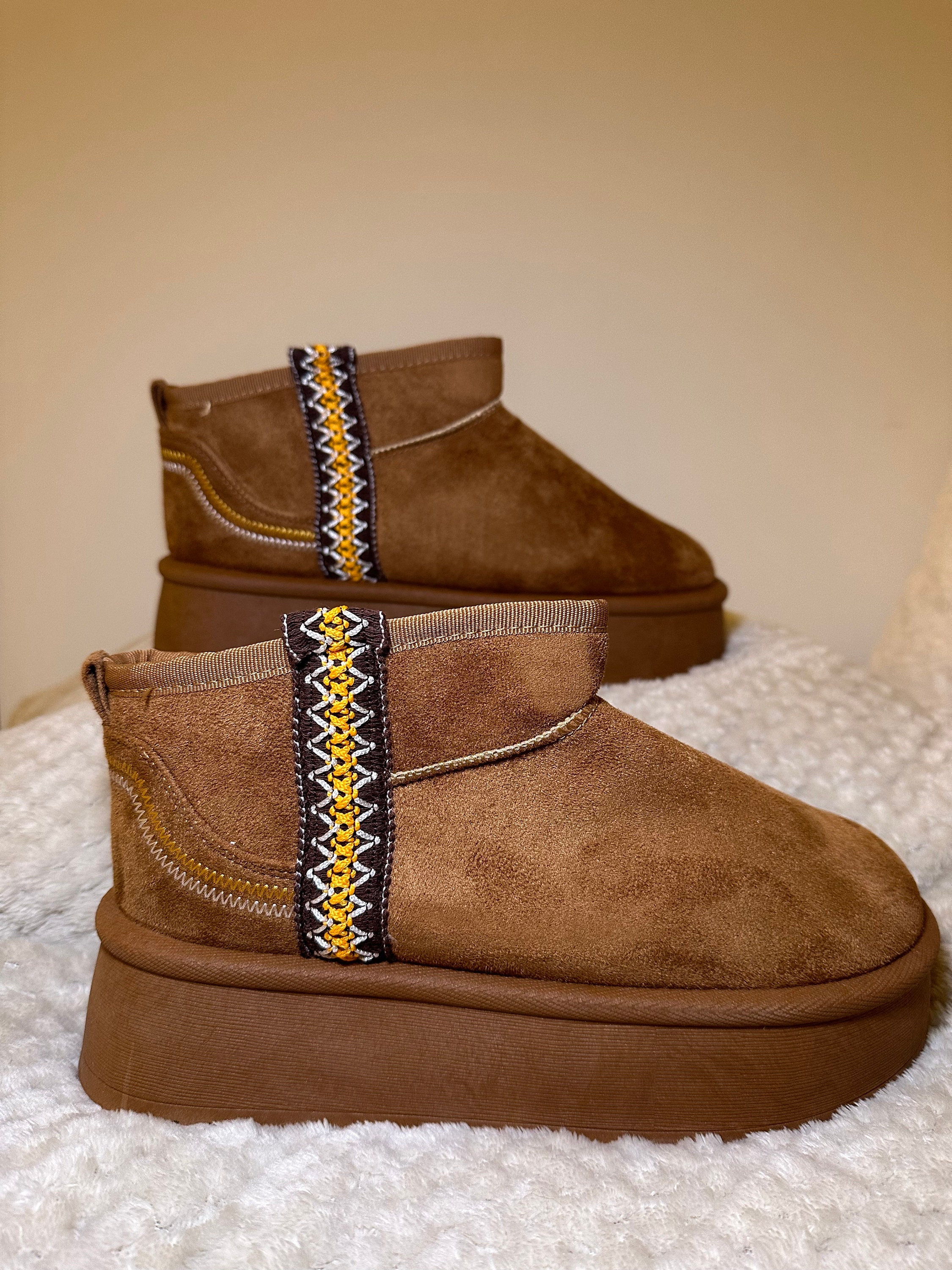 ZARA Platform Embroidered Mini Ankle Faux Fur Boots 