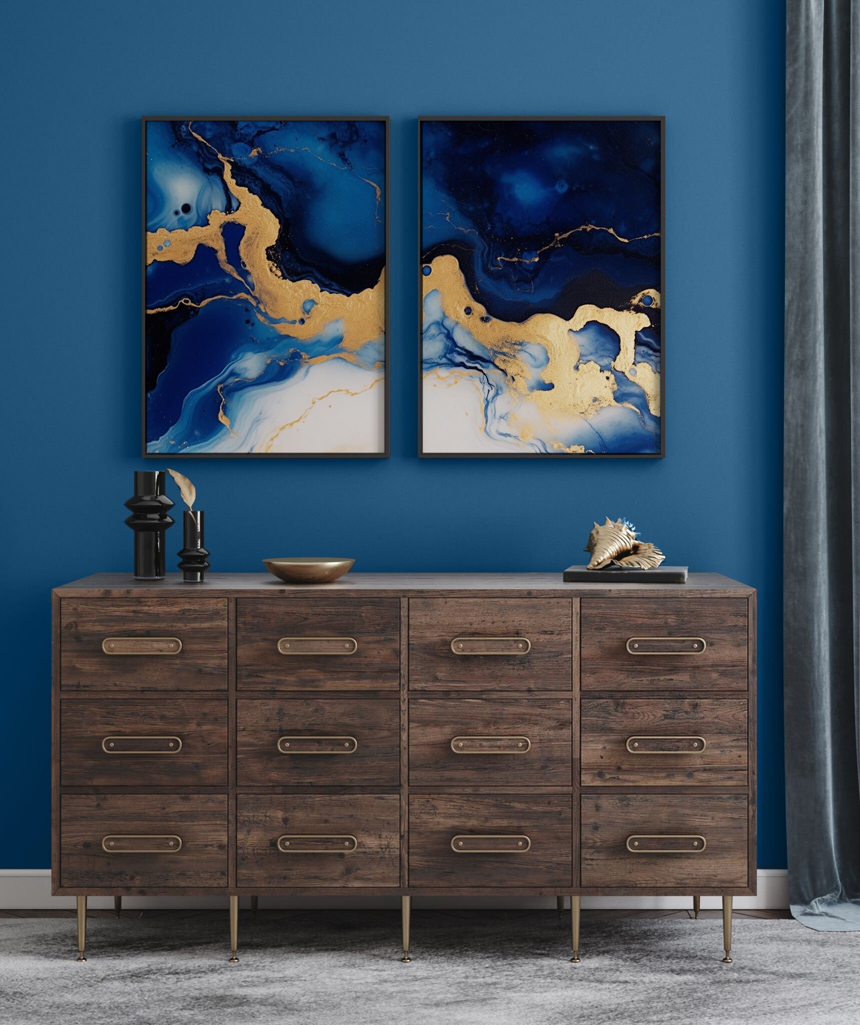 Printable Navy Blue Wall Art Set of 2 Prints, Dark Blue Abstract Wall ...