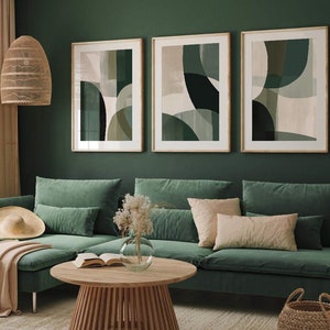 Druckbare abstrakte Wandkunst in Smaragdgrün, grüne Galeriewand in organischer Form – 3er-Set – zeitgenössische Wohndekoration