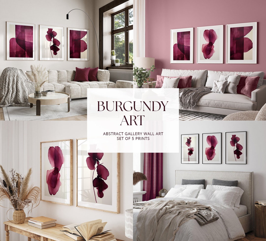 5piece Dark Red Wall Art Prints, Wine Prints, Minimalistic Art