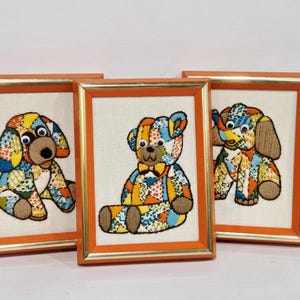 Vintage Patchwork Crewel Needlepoint Animal Art Set – Teddy Bear, Dog, Elephant Nursery Decor