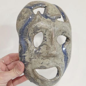 Vintage Studio Pottery Face Mask, Blue Glazed Stoneware, Brutalist Theater Art