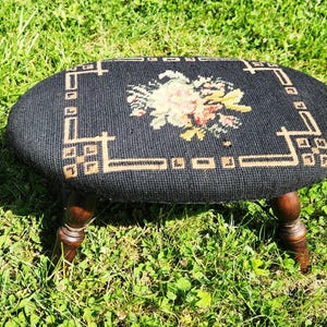 Vintage Rustic Needlepoint Footstool