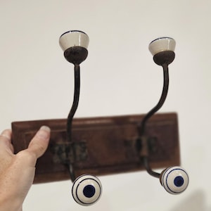 Victorian Ceramic Knob Coat Rack | Rustic Iron Hooks, Wood Base (9" Wide)